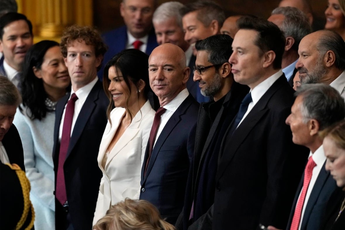 Mark Zuckerberg, Lauren Sanchez, Jeff Bezos, Sundar Pichai and Elon Musk at the inauguration at the Capitol Rotunda