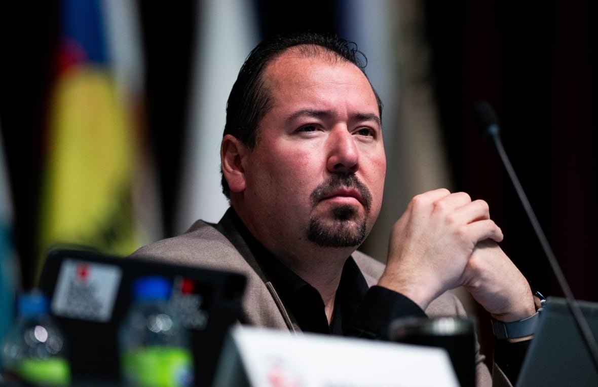 abram-benedict-chief-akwesasne-ontario-2 A politician looks on during a news conference.