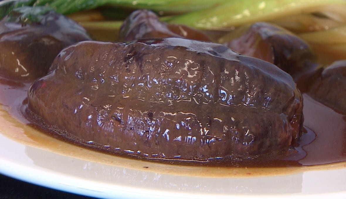 Prepared sea cucumber on a plate alongside some greens.