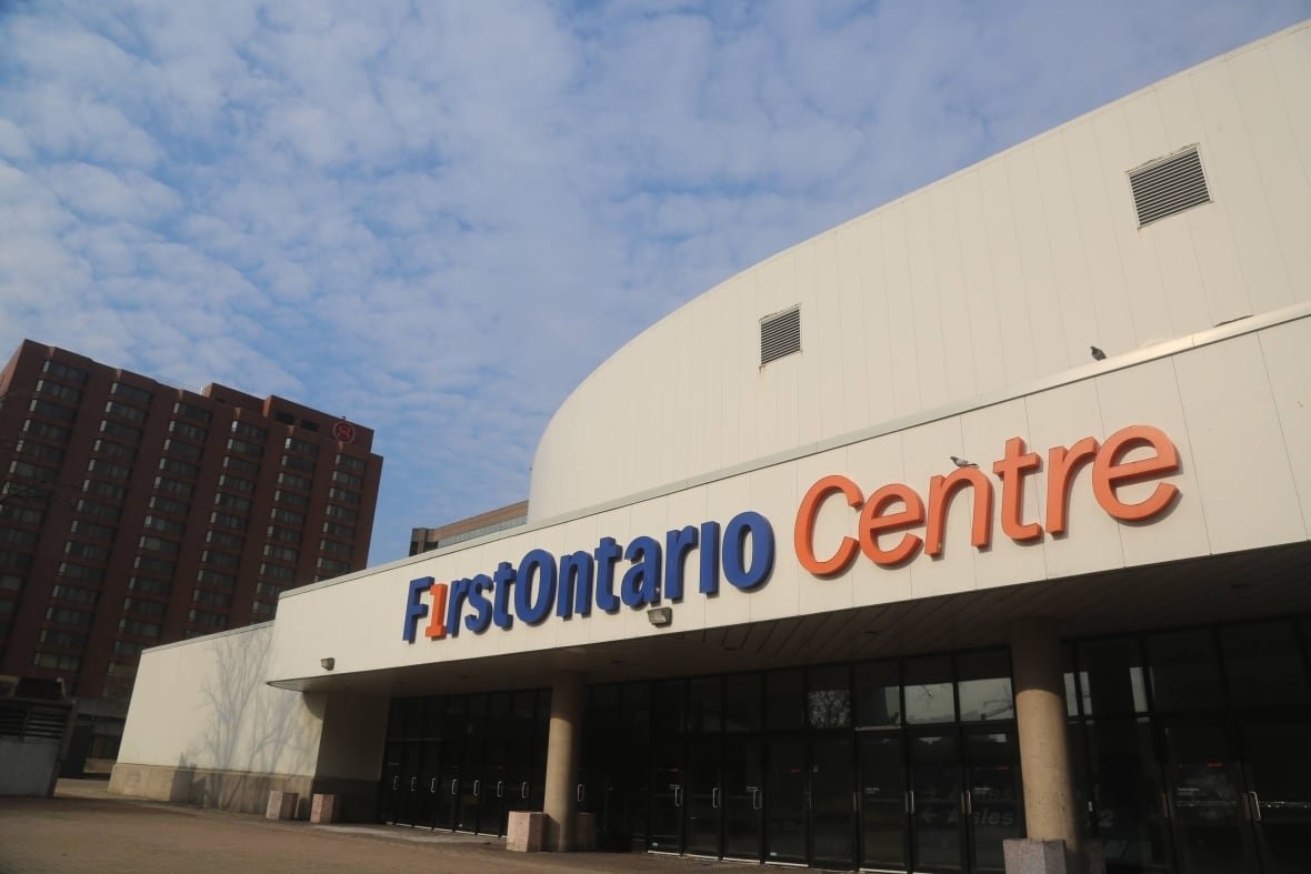 firstontario-centre An arena entrance with a sign reading "FirstOntario Centre."