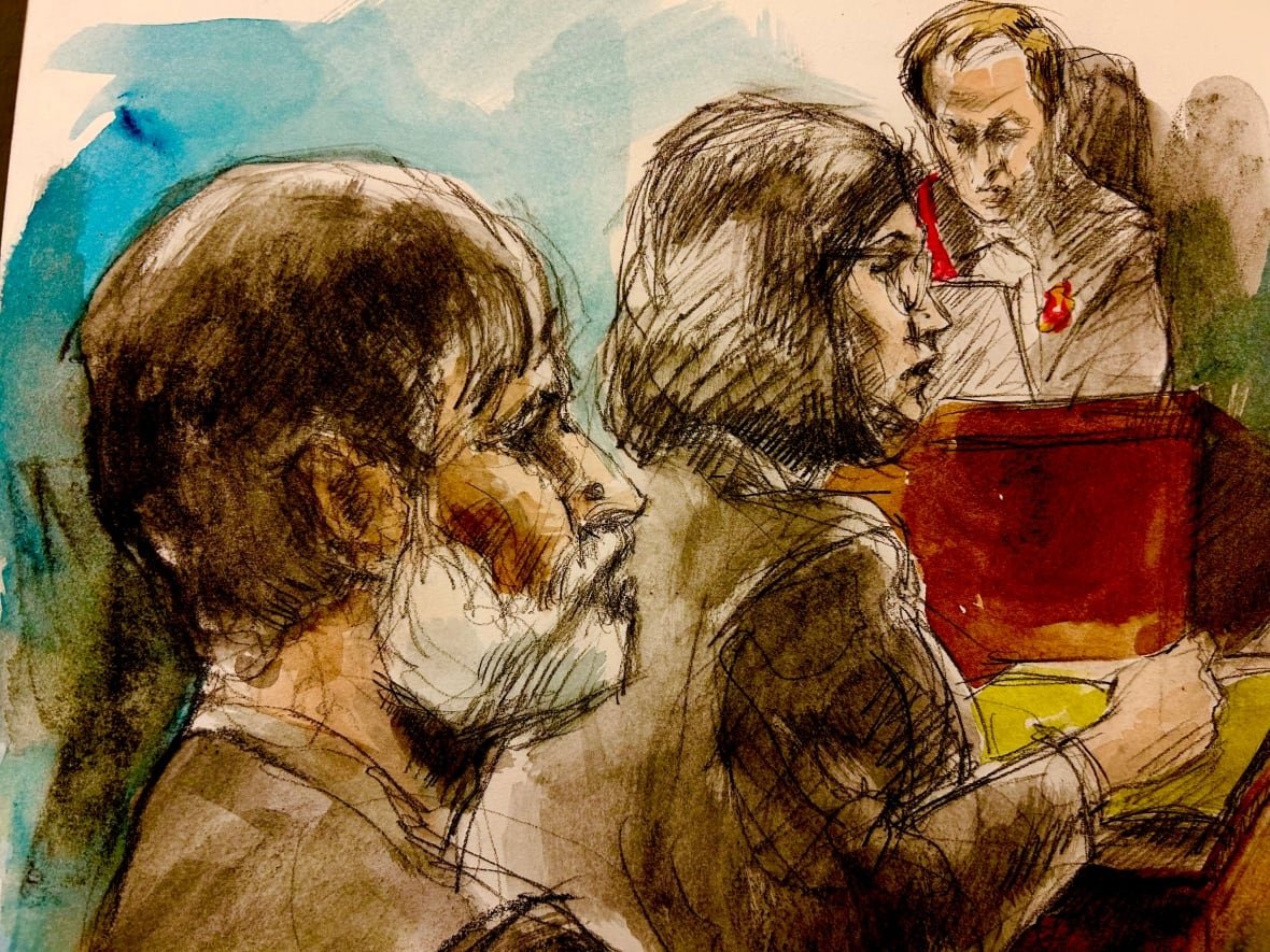 A sketch artist's rendering of a court scene shows a bearded man seated next to a lawyer. A judge presides in the background