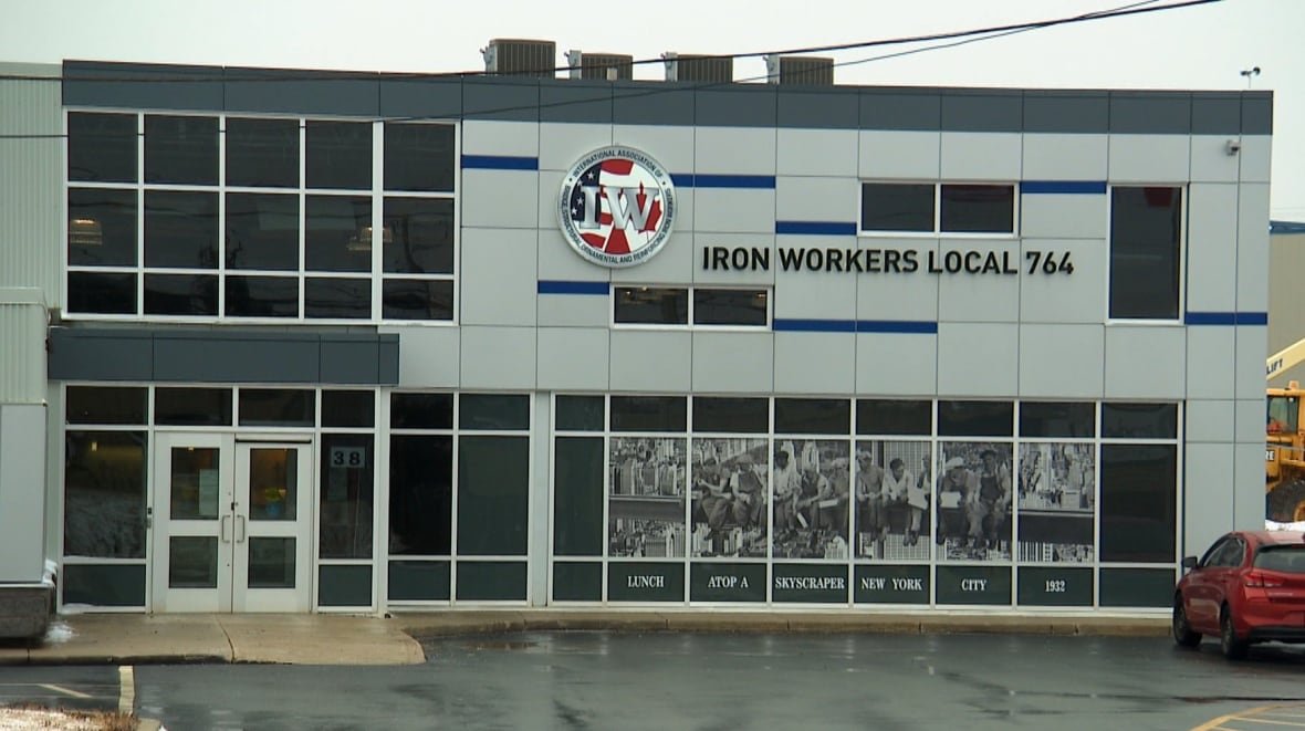 Grey building that says "Iron workers Local 764"