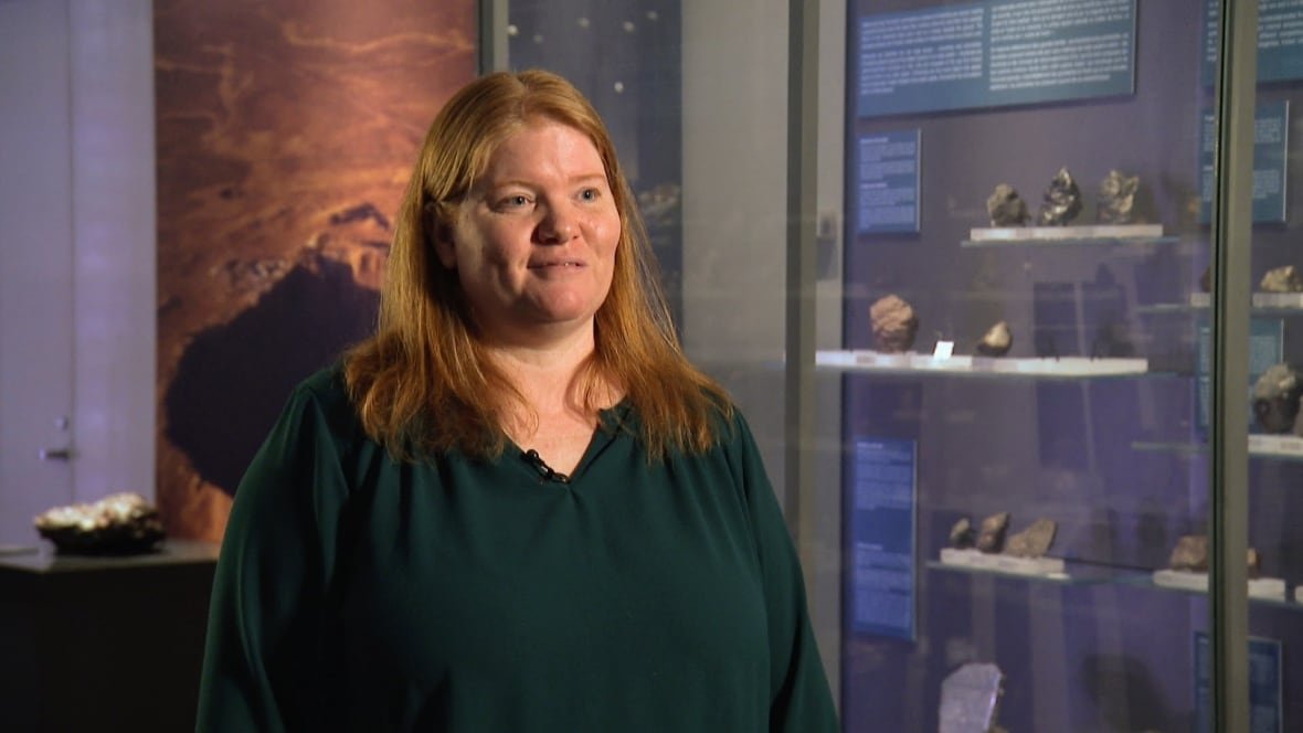 kim-tait Woman with a museum case full of rocks in the background