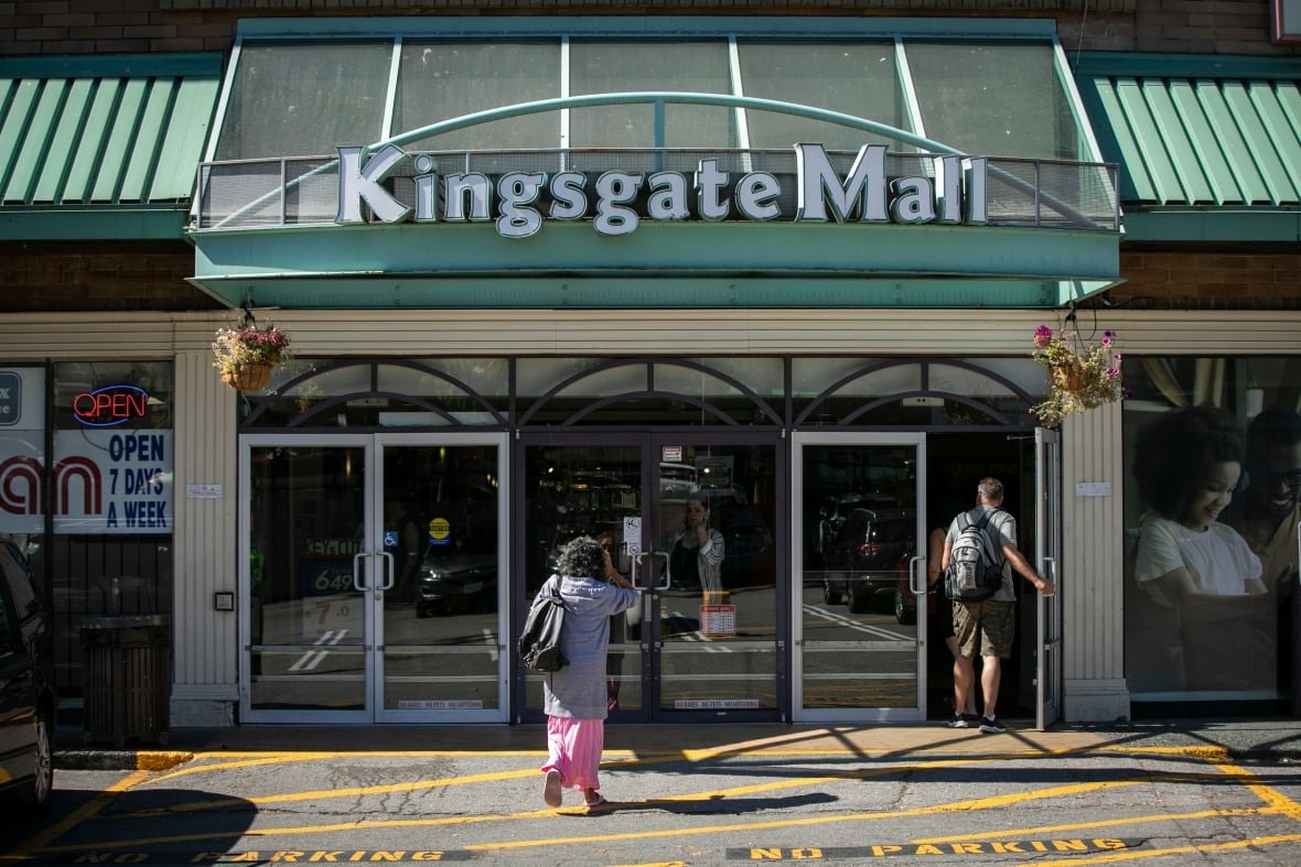 People enter a large building marked 'Kingsgate Mall'.