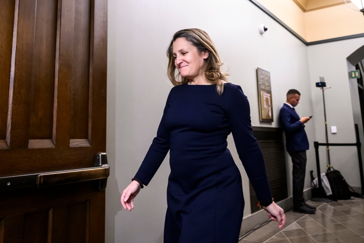 liberal-caucus-20250108-3 Liberal MP Chrystia Freeland, former minister of finance and deputy prime minister, leaves after attending a meeting of the Liberal Caucus, in West Block on Parliament Hill, in Ottawa, Wednesday, Jan. 8, 2025.