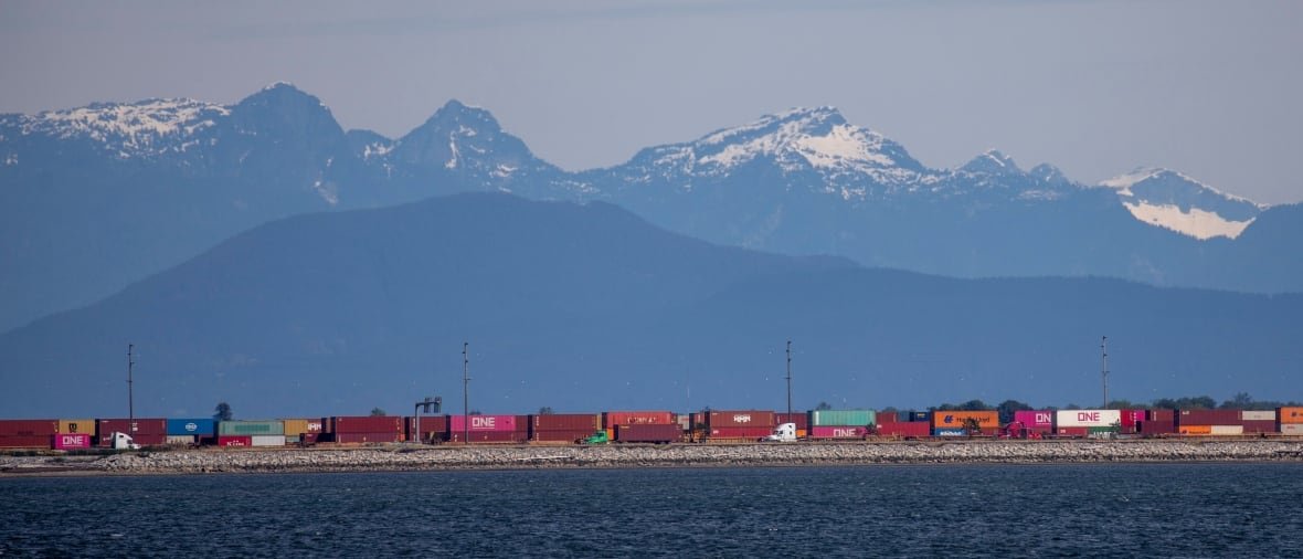 A port is pictured with picturesque snow-topped mountains behind it.
