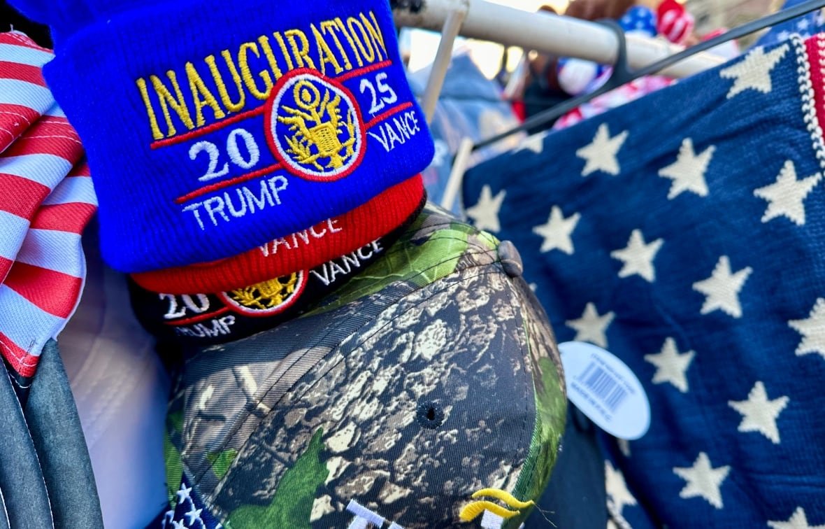 trump-merchandise A Trump Inauguration 2025 toque is shown along with flags and hats.