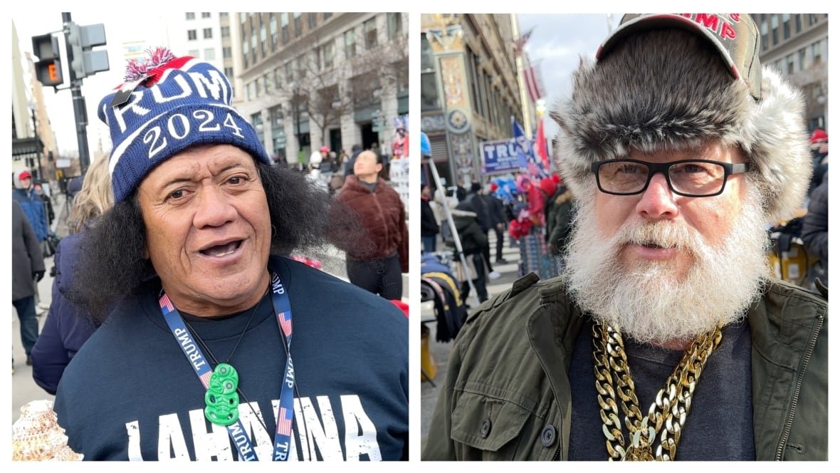 trump-supporters Two people are smiling while wearing Trump shirts and hats.