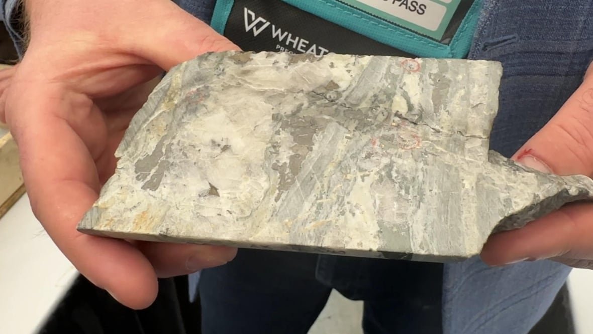 Someone holds a rock made up of different-coloured layers. Small red circles have been drawn around flakes of gold.