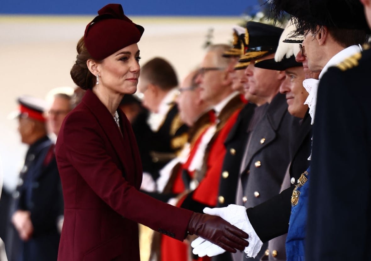 A person reaches out to shake hands with a person standing in a line of people.