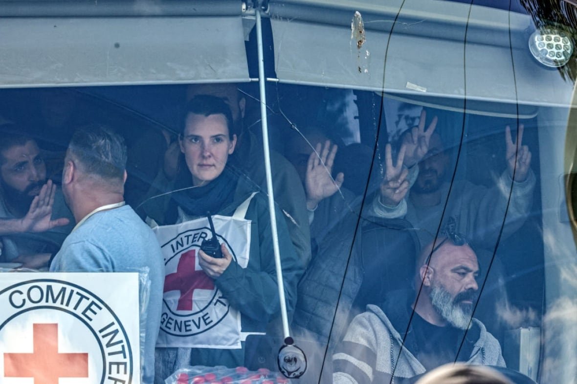 2195206512 Palestinians who were released from Israeli custody flash the victory sign inside a bus as a Red Cross worker stands nearby, holding a walkie-talkie.
