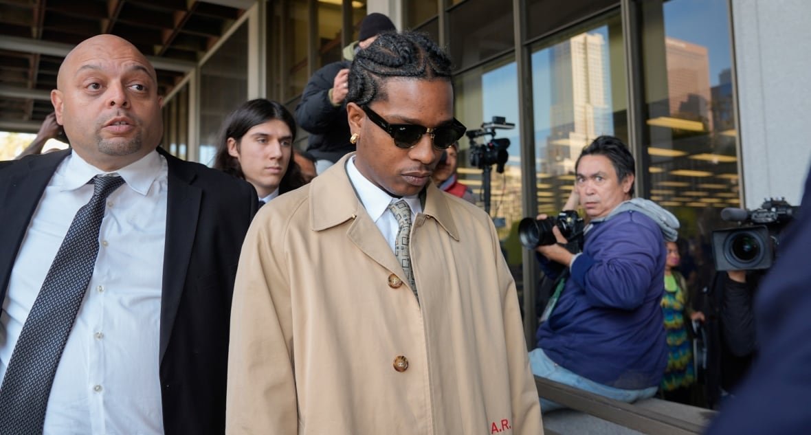 a-ap-rocky-shooting-trial-4 A man in a beige coat and dark sunglasses walks with his head tipped down. He is surrounded by other people, most carrying cameras.