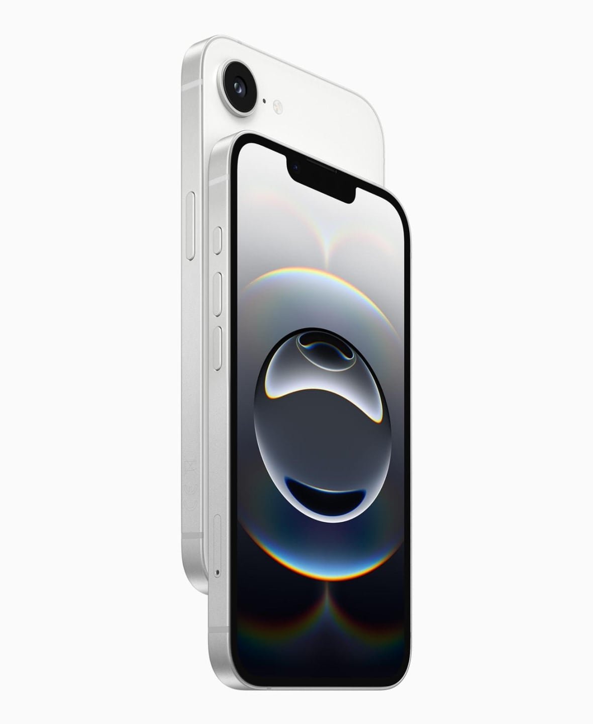 Two shiny slim sleek white Iphones stand against each other showing the screen of one and top back area and camera lens of the other.