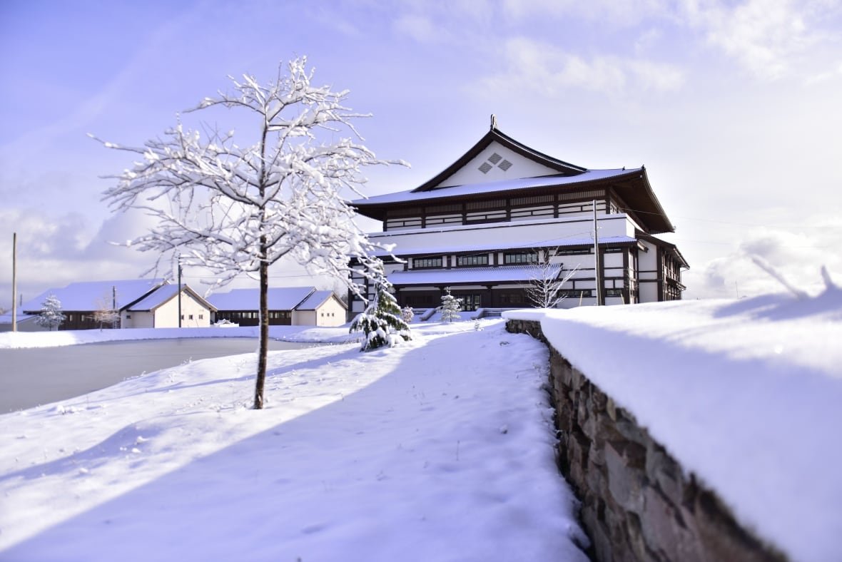 A Buddhist monastery pictured in the winter.