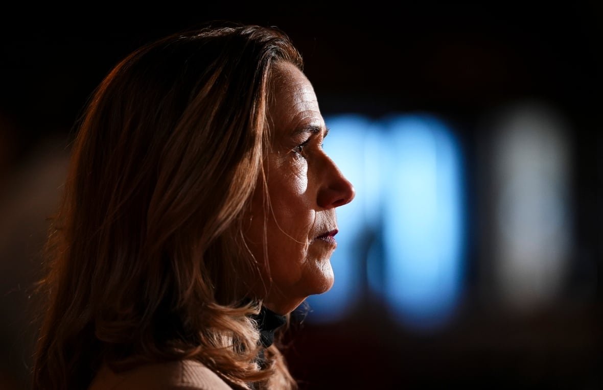 Canada's Ambassador to the US Kirsten Hillman speaks to reporters during a cabinet retreat at Chateau Montebello in Montebello, Que., on Tuesday, Jan. 21, 2025.