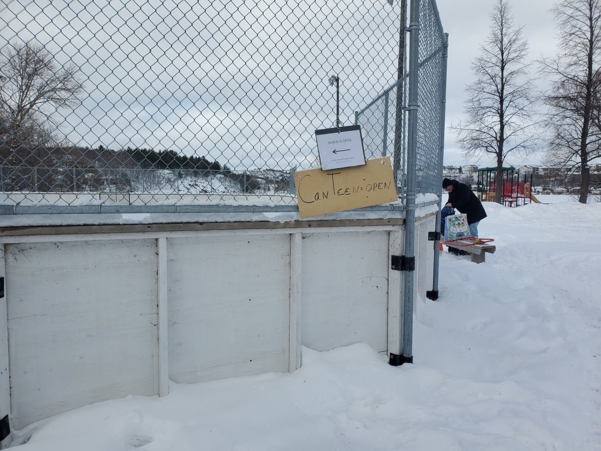 carmichael-community-centre-outdoor-rink A sign on the boards of the outdoor rink says the canteen is open.