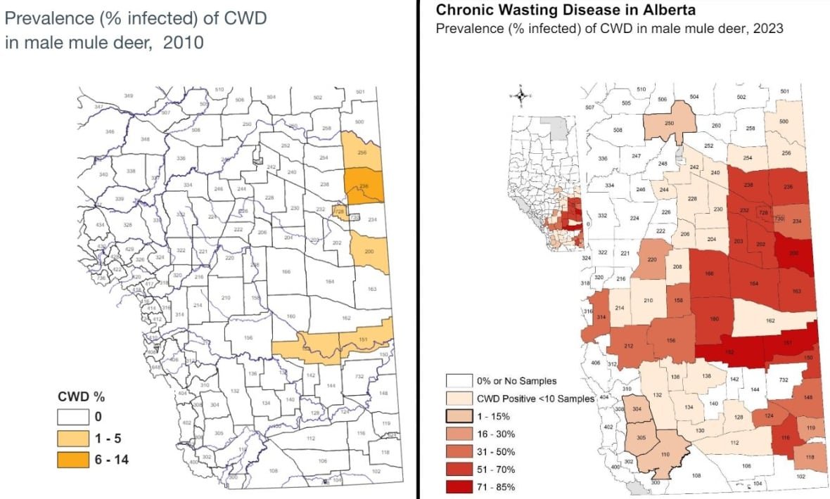 cwd-alberta-maps Maps published by the Alberta government showing the prevalence of chronic wasting diseases in mule deer in 2010 (left) and 2023 (right).