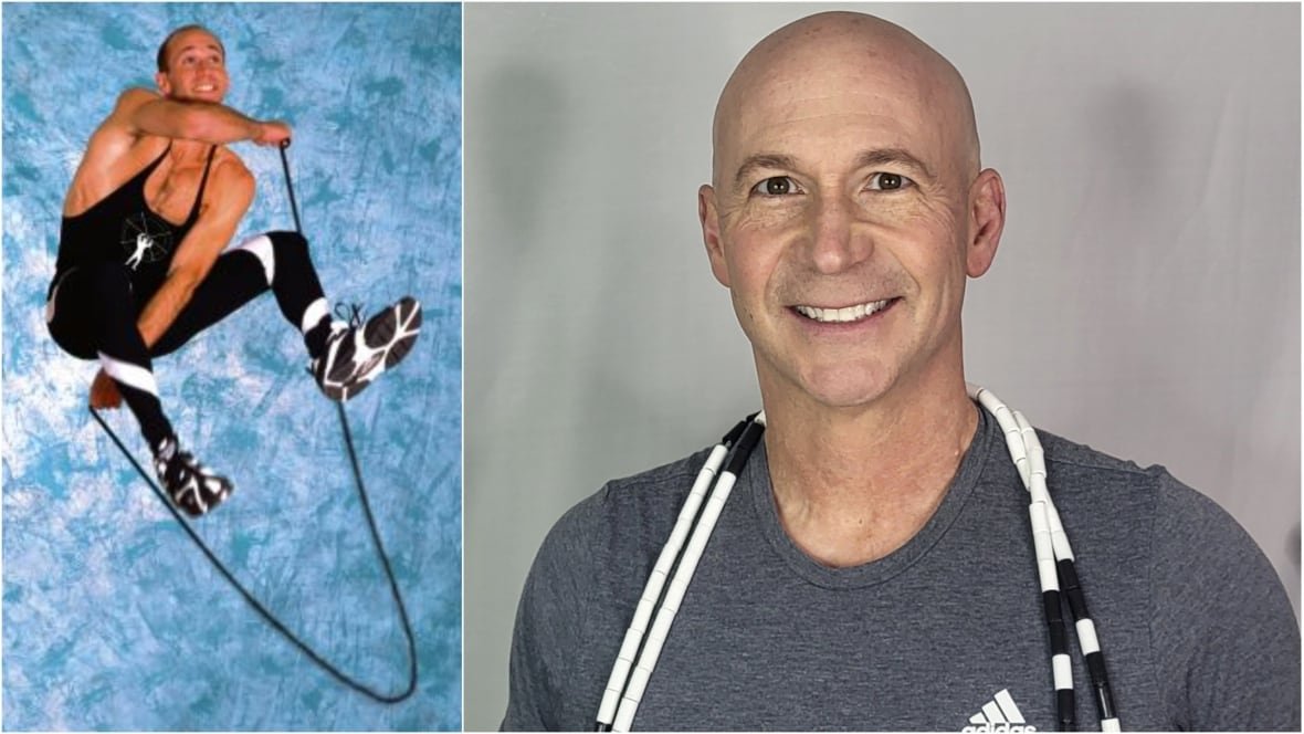 david-fisher Side-by-side pictures. On the right, portrait of a bald man with jump ropes hanging around his shoulders. On the left, the same man but younger, leaping into air with his jump ropes.