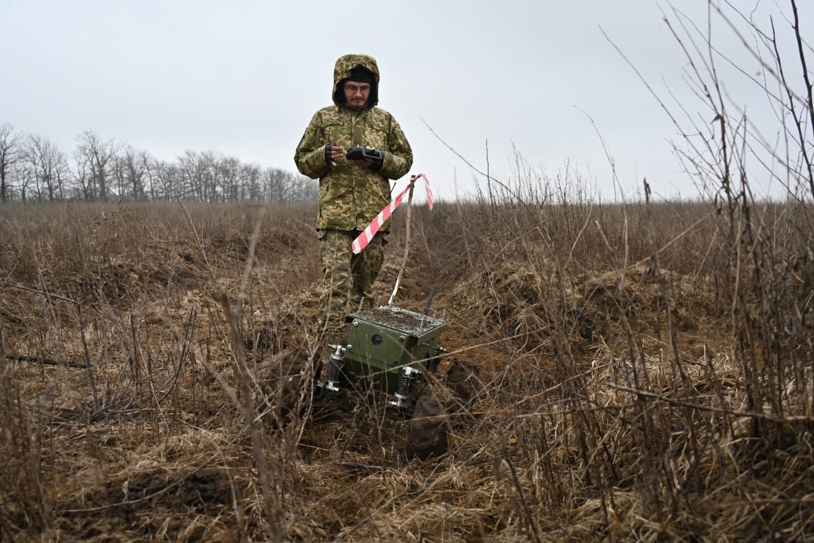 A demining drone is seen being used in Derhachi, Ukraine.