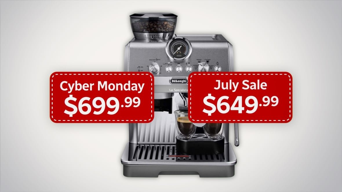A photo of an espresso machine, with two tags in front of it, with the Cyber Monday price, which is $699.99 and the July sale price, which is $649.99.