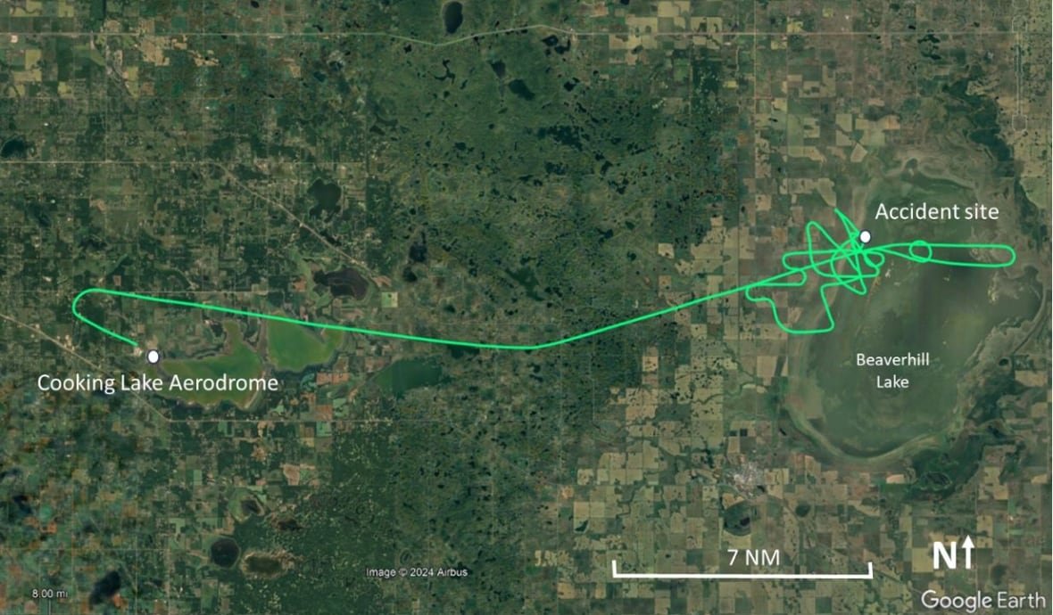A green map of an accident site and Cooking Lake Airport,