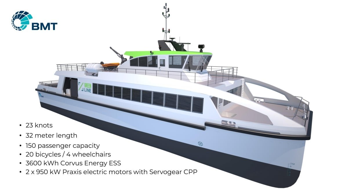 A white and grey ferry with dark windows.
