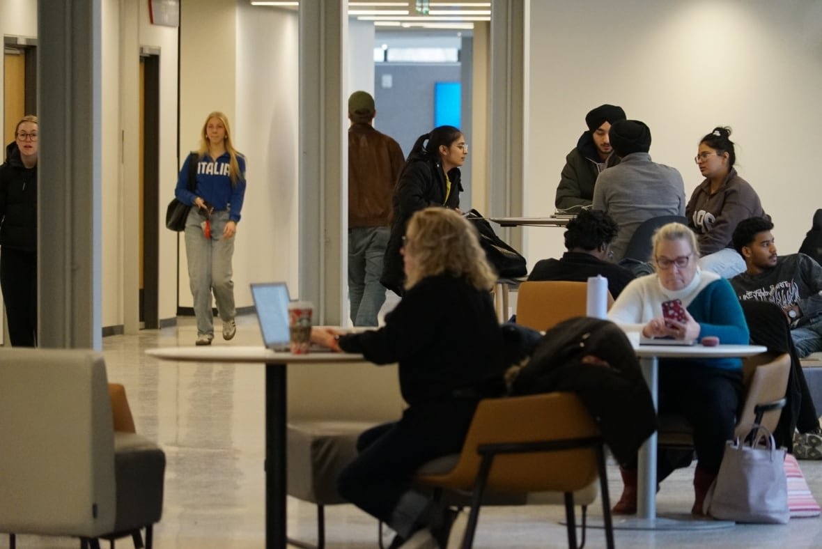 Fanshawe College students relax in a common area of the school's new Innovation Village building on Jan. 31, 2025.