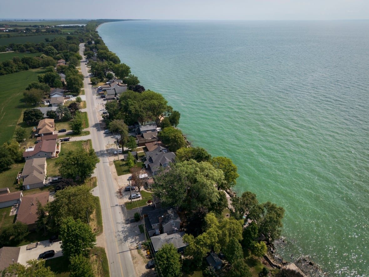 An aerial image looks down on a road lined by homes. On the right hand side of the image, the homes look out on the waterfront - Lake Erie. The lake is tinged green close to the coast.