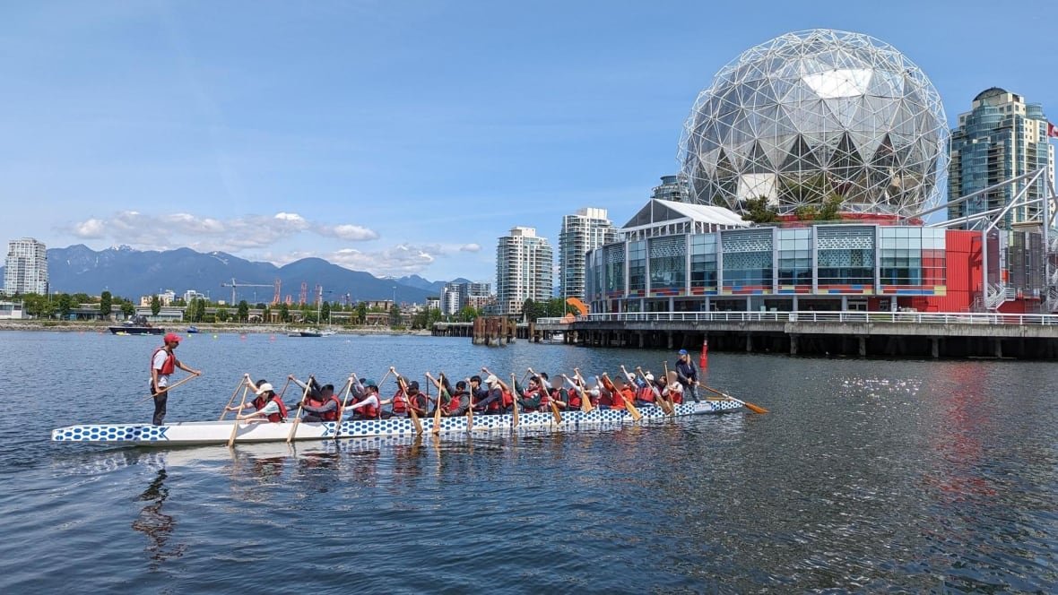 Dragon boaters paddle on a sunny day. In the background is a building shaped like a silver globe and tall mountains. Some faces have been blurred for privacy.