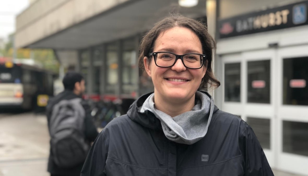 Shelagh Pizey-Allen stands in front of the entrance to Bathurst subway station.