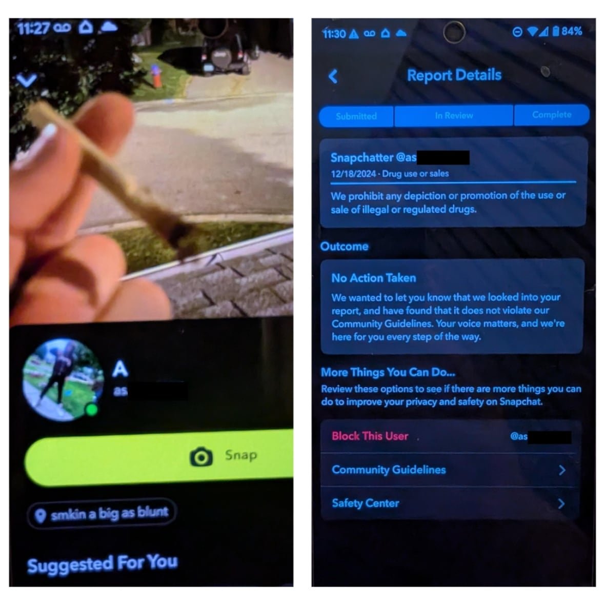 Roger says he's reported drug dealers on Snapchat, but the app's disappearing messages function makes tracking them challenging.