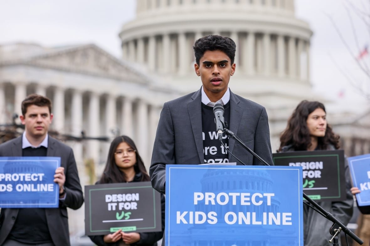 Zamaan Qureshi speaks during a rally organized by Accountable Tech and Design It For Us to hold tech and social media companies accountable for taking steps to protect kids and teens online on January 31, 2024 in Washington, DC.