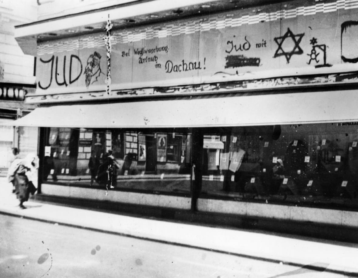 2658450 A tailor's shop in the Jewish quarter of Vienna defaced with anti-Jewish slogans by Nazi supporters.