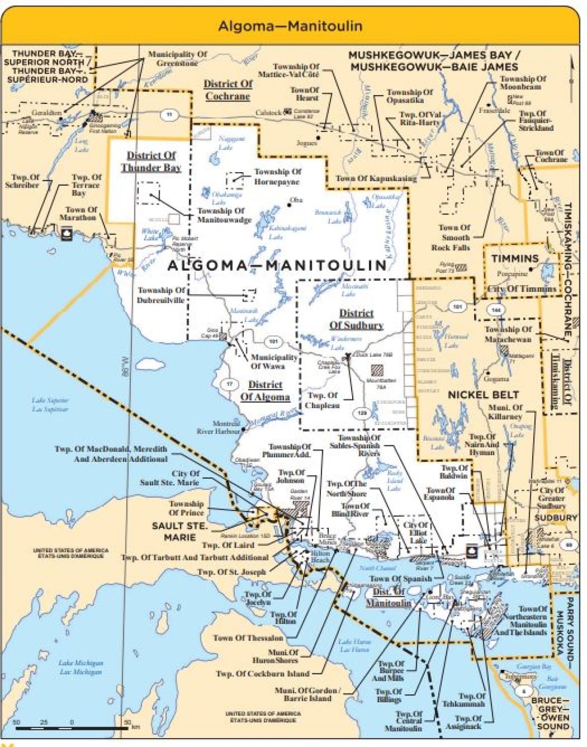 a map shows the riding of Algoma Manitoulin