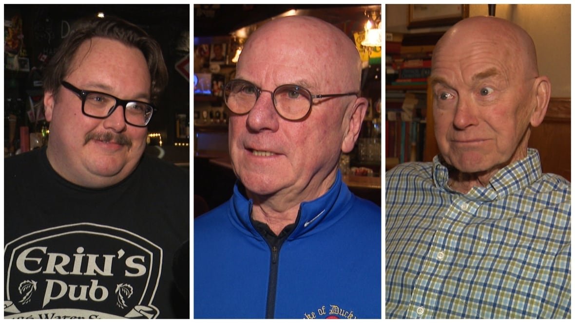 A composition image of three men. One man is wearing a black t-shirt with the Erin's Pub logo on it, another man wears a blue sweater, and the third man wears a green and blue plaid shirt.