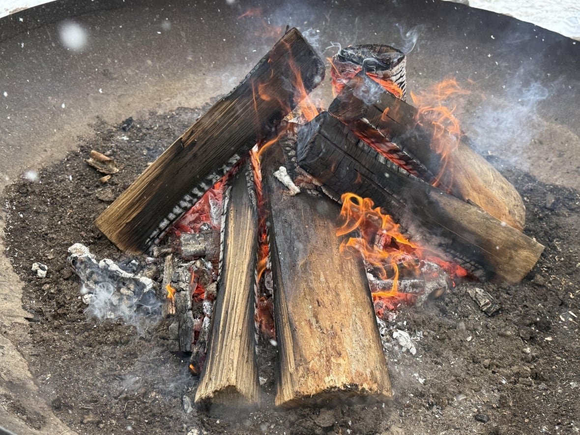 ann-s-eye-february-16-2025-4 Flames leap from burning wood in an outdoor fire pit.