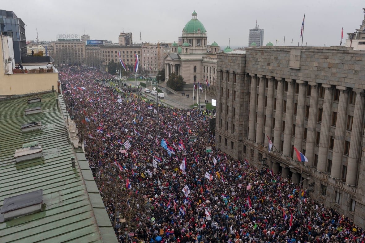 aptopix-serbia-protests-tensions An aerial few shows thousands of people participating in a march down a city street.