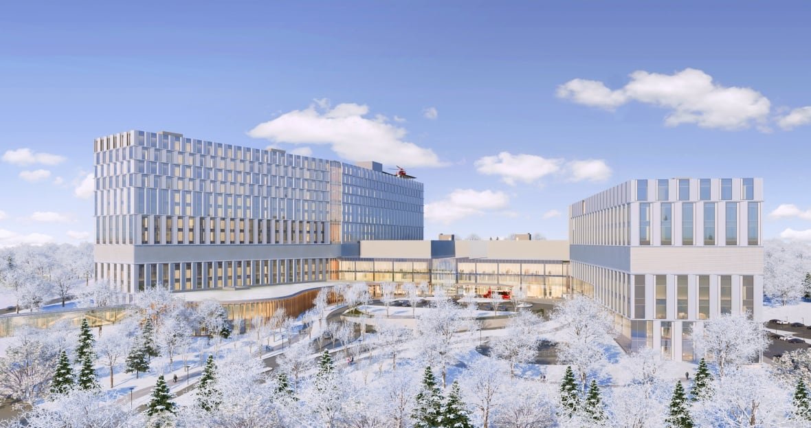 An artist's rendering of a new hospital building with two wings.