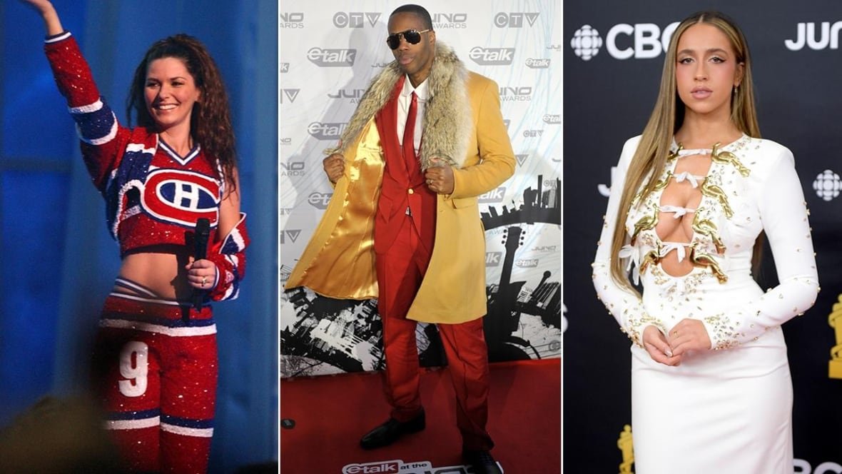 Side-by-side photos of Shania Twain, Kardinal Offishall and Tate McRae.