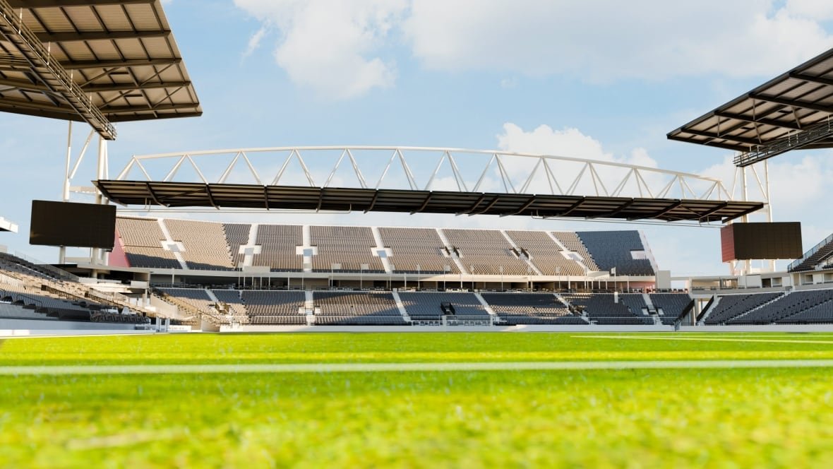A graphic rendering of a soccer stadium, facing the north goal, shows grandstands against a cloudy sky