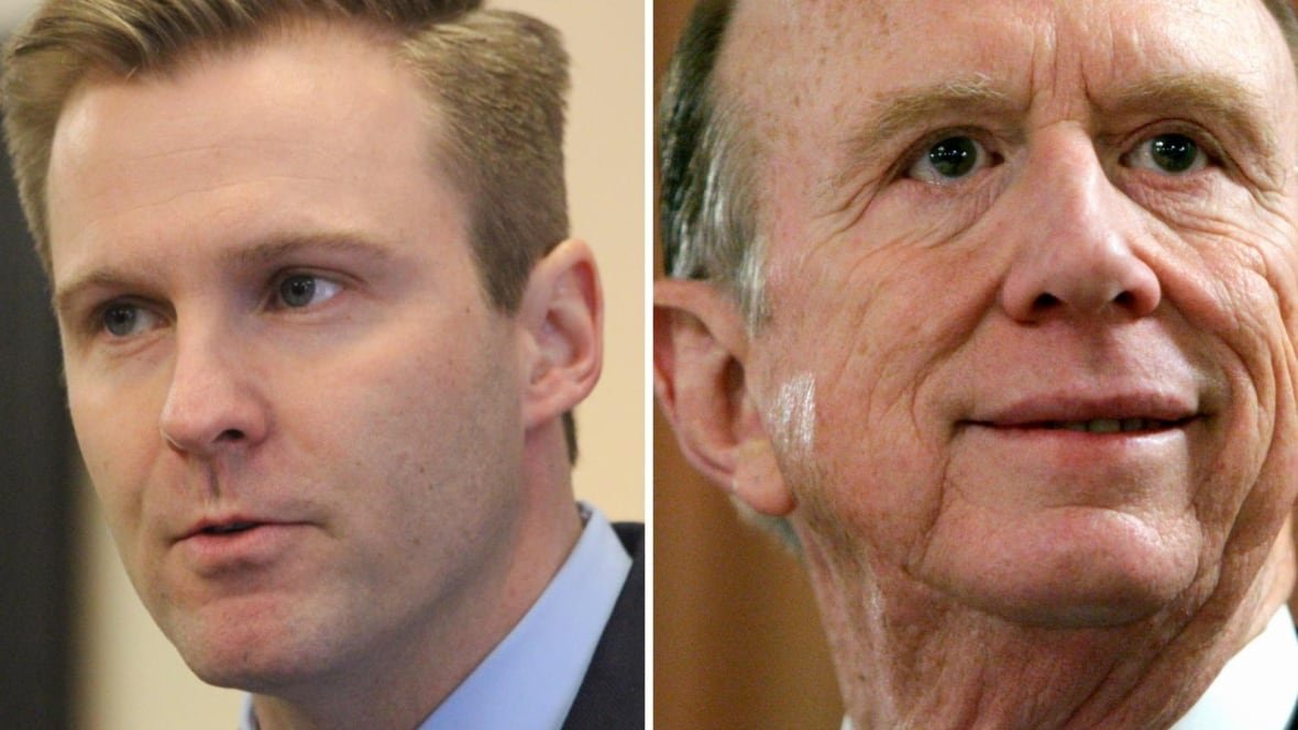 A younger man with blond hair, left, and an older man with greying hair, right.