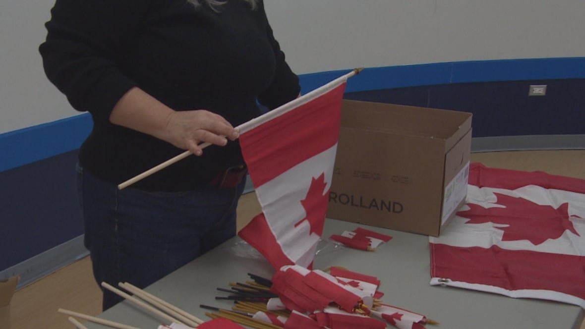 canadian-flags Canadian flags lay on a table.