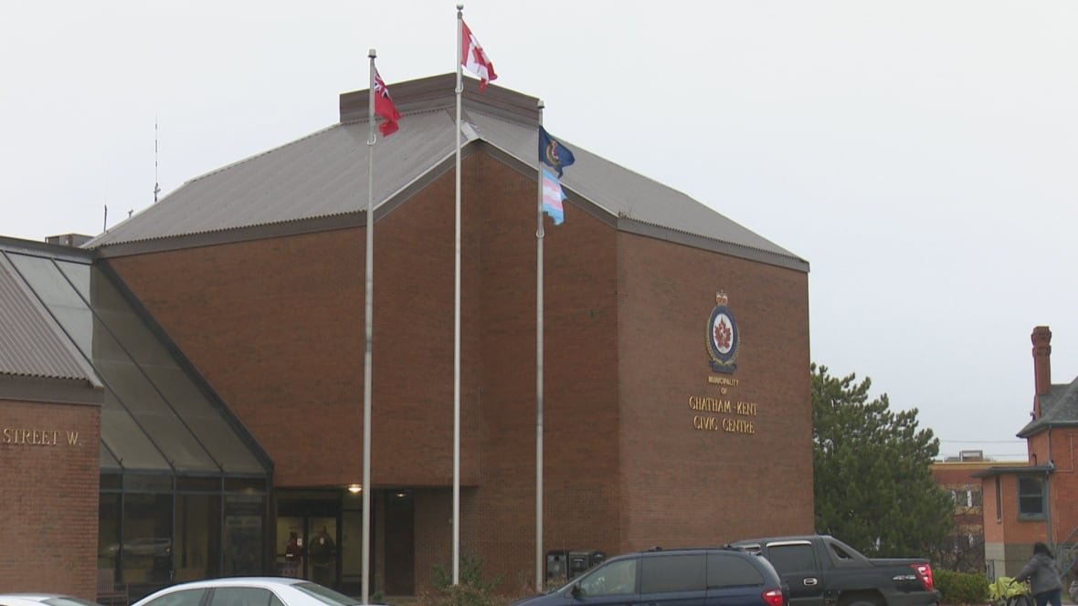 chatham-kent-restrictions A brown building with flag poles in the front