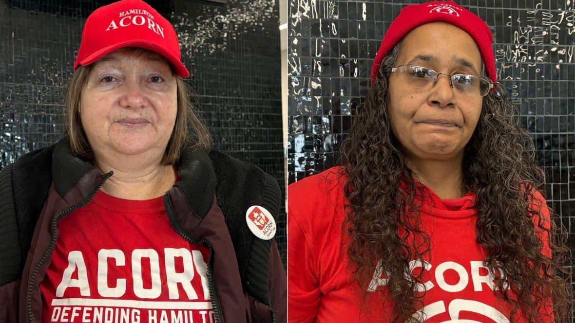 chris-erie-marnie-marnie-schurter-hamilton-tenants-1 A collage of two photos of women wearing red hats and shirts that say ACORN