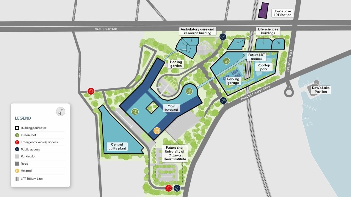 A map of how the new Civic hospital campus would be laid out. The garage is above the light-rail line, while the hospital is to the west.