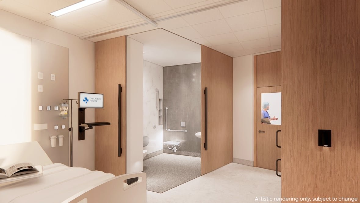 An artist's drawing of a future hospital room with an accessible washroom