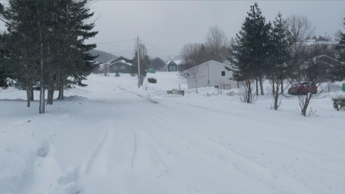 A residential road with houses in the distance is covered with snow.