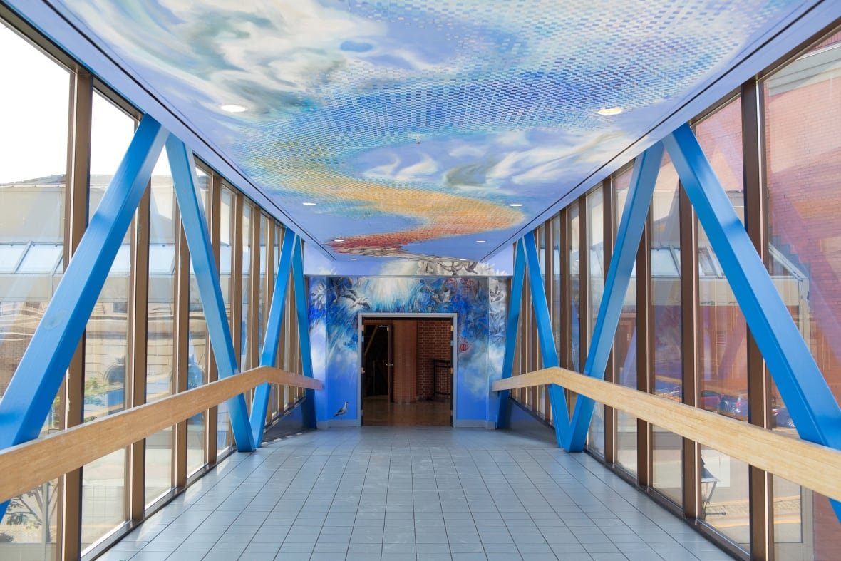 deanna-musgrave-s-nest A mural covering the ceiling and doorway of a window-surrounded pedway