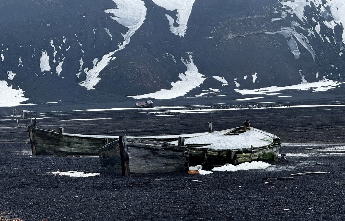 deception-island-wrecks Wreckage is seen on an Antarctic island.