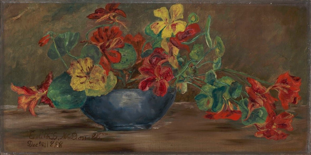 edith-macdonald-brown-2 An 1898 painting shows red and yellow flowers inside of a vase.